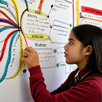 Student using mind map for History**

Prompt: *A university student enthusiastically creating a colorful mind map on a large piece of paper, surrounded by history textbooks. Focus on the visual connections between key dates, events, and figures. Books around her are related to "Sejarah" or "History".*

**