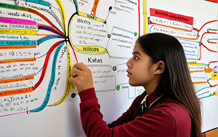 Student using mind map for History**
Prompt: *A university student enthusiastically creating a colorful mind map on a large piece of paper, surrounded by history textbooks. Focus on the visual connections between key dates, events, and figures. Books around her are related to "Sejarah" or "History".*
**