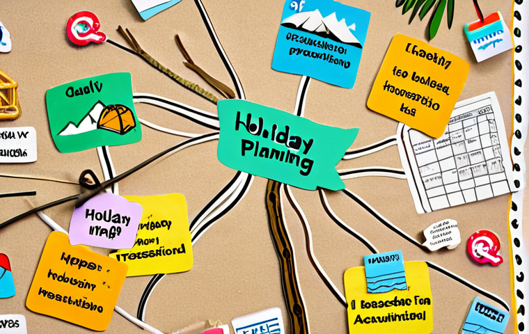 **Colorful mind map of "Holiday Planning"** with branches for destinations (beaches, mountains), activities (swimming, hiking), budget, and transportation. Use bright colors and simple icons to represent each category.