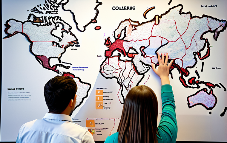 Diverse students collaboratively building a vibrant digital concept map on a large interactive display, showing teamwork and shared learning.